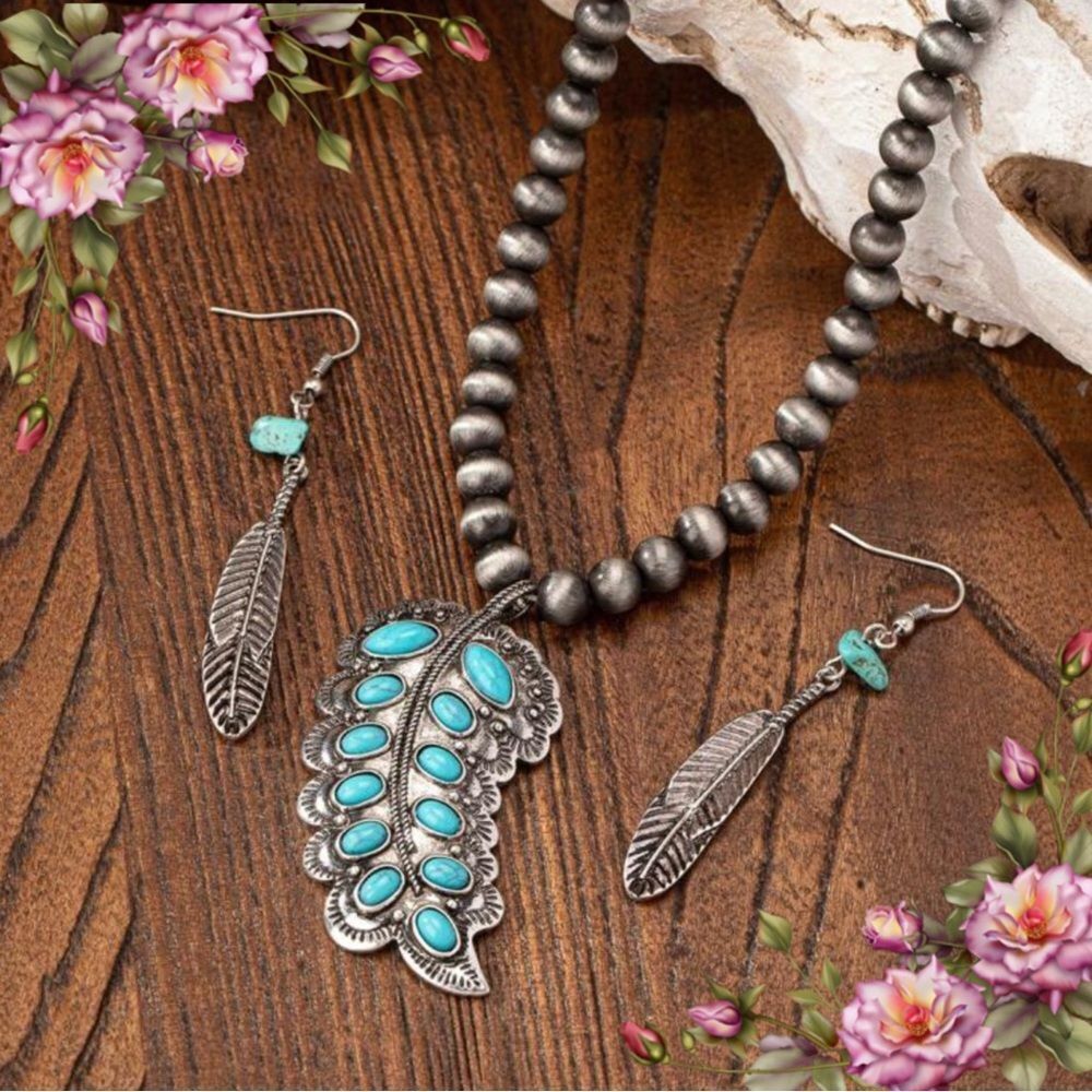 3 Pcs Fake Blue Turquoise Stone feather Pendant Necklace‎ Earring Jewelry Set